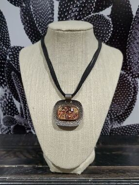 Vintage Multicolor Stone Pendant Necklace with Black Cord